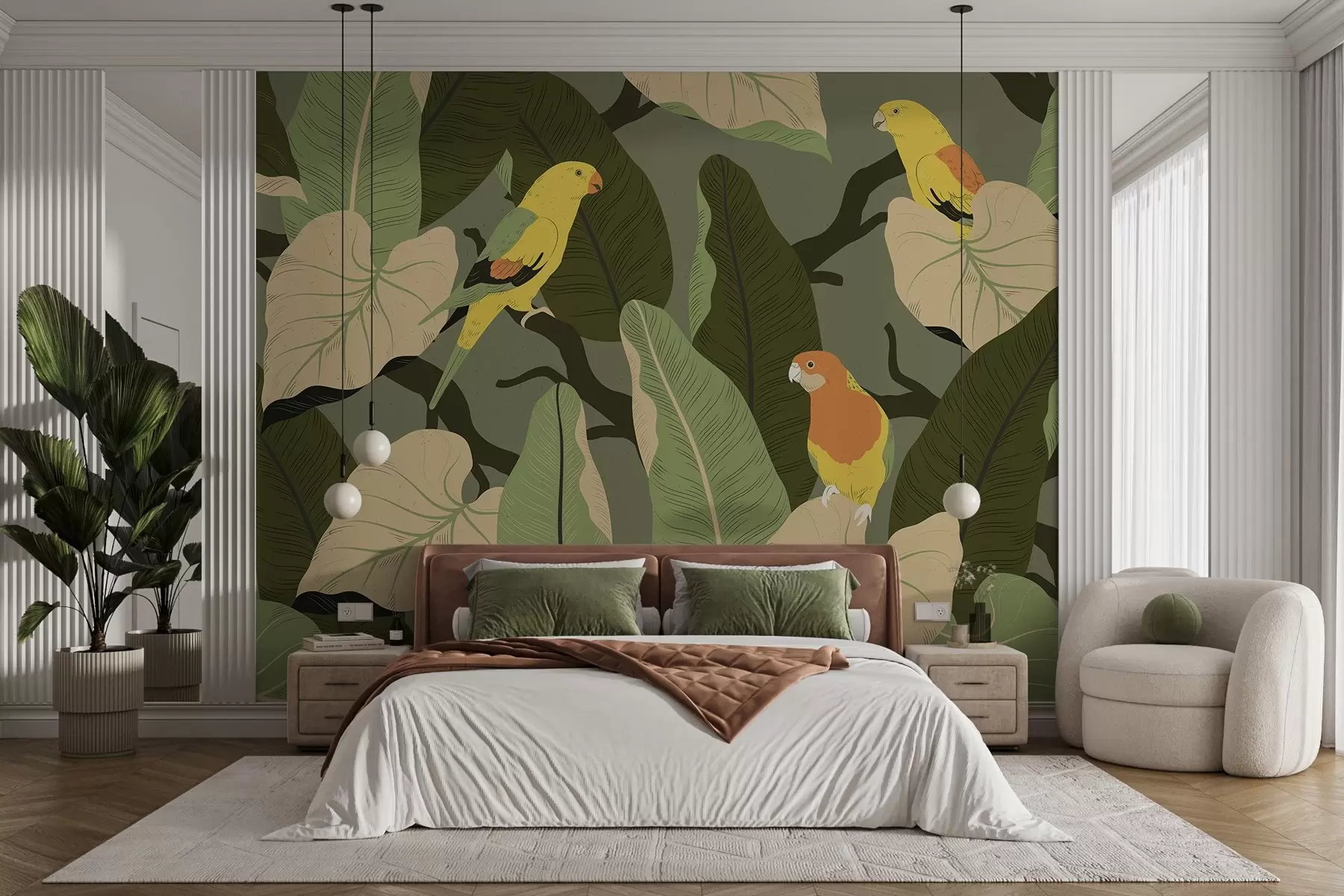 Papier peint feuilles tropicales avec perroquets w02402