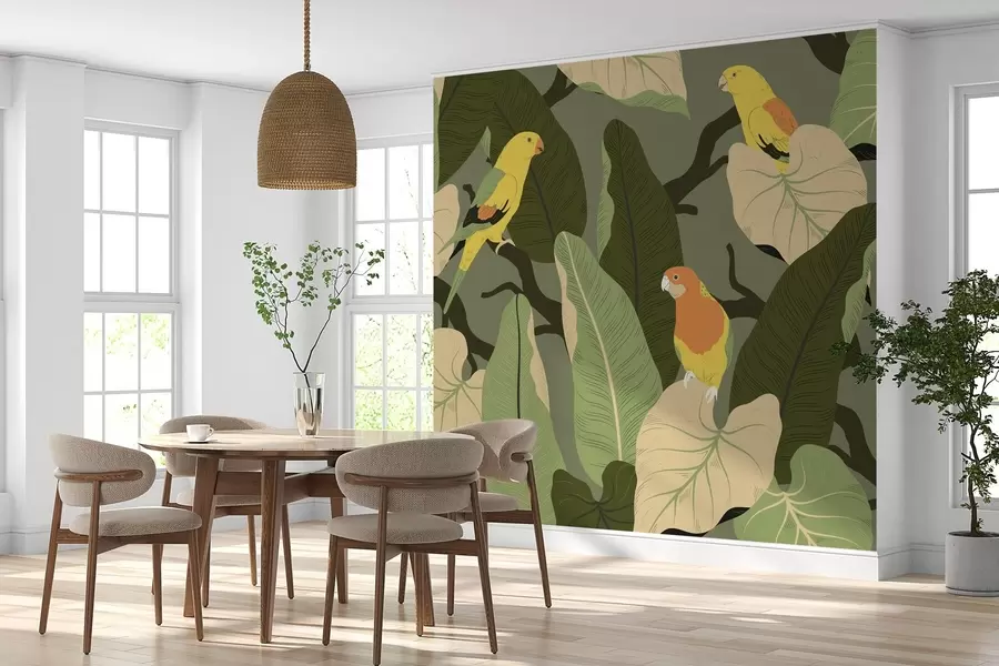 Papier peint feuilles tropicales avec perroquets w02402