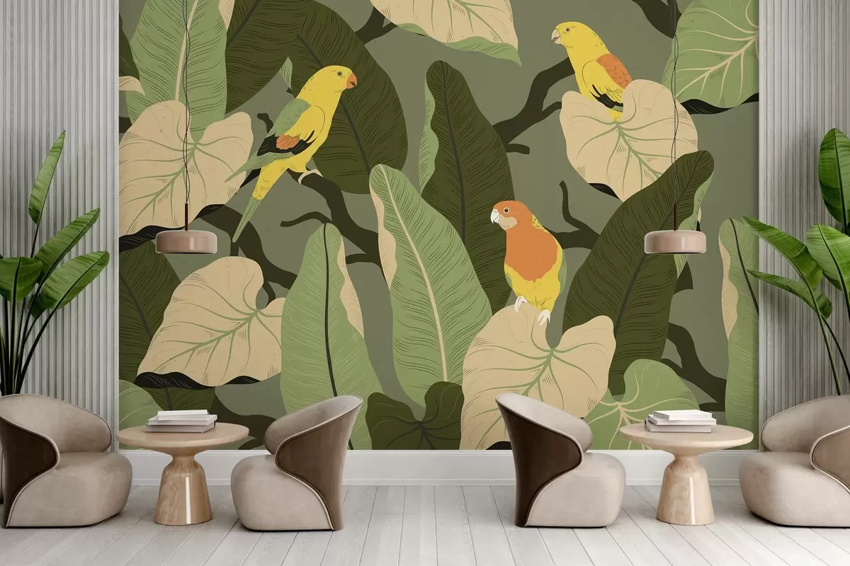 Papier peint feuilles tropicales avec perroquets w02402