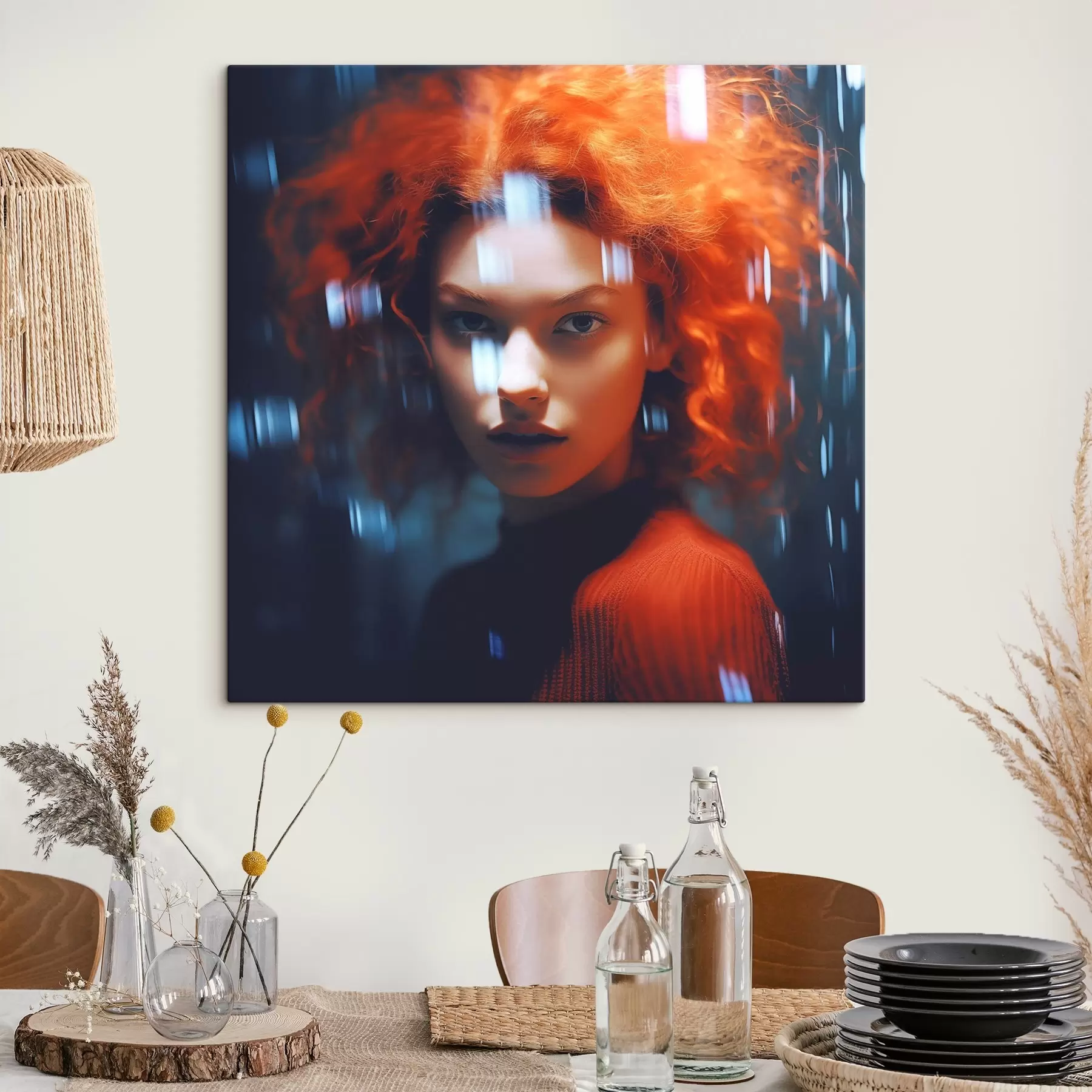 Tableau Fille aux cheveux roux sur fond bleu foncé s41934