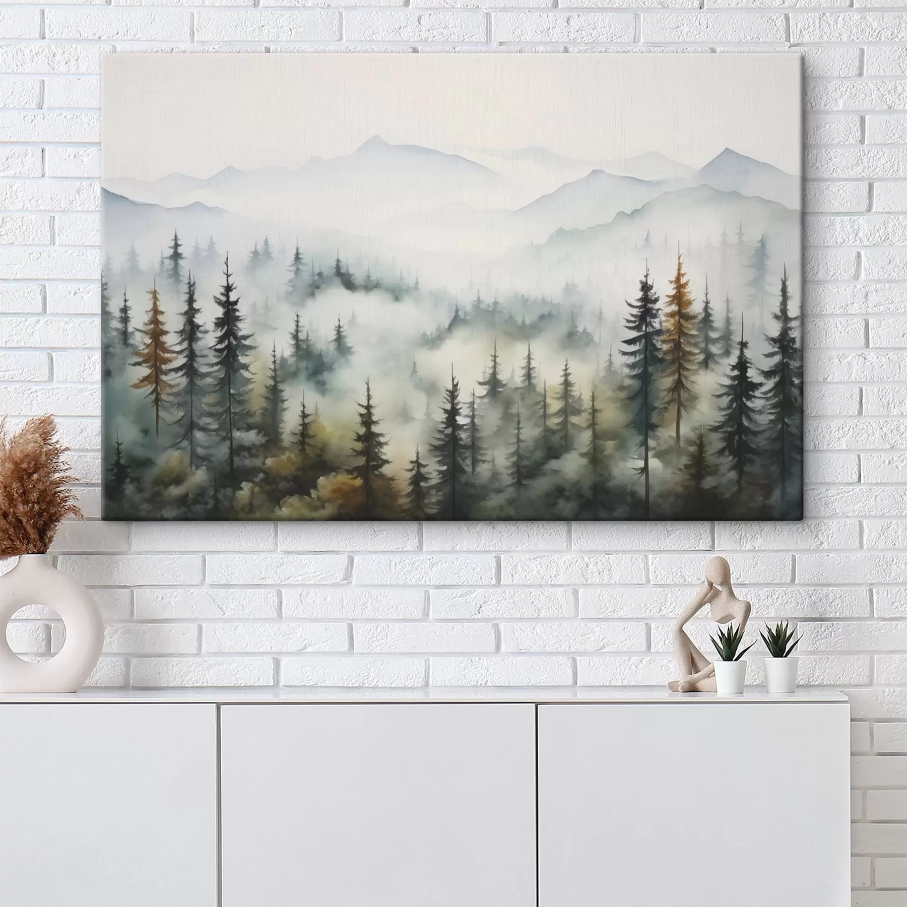 Tableau Forêt sur fond de montagnes dans le brouillard imitation aquarelle s41935