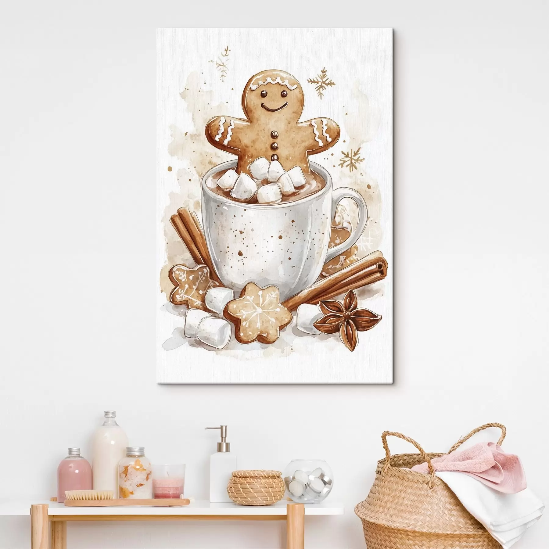 Tableau Bonhommes de pain d'épices dans la tasse de café, cannelle, guimauves, style aquarelle, beige s41948