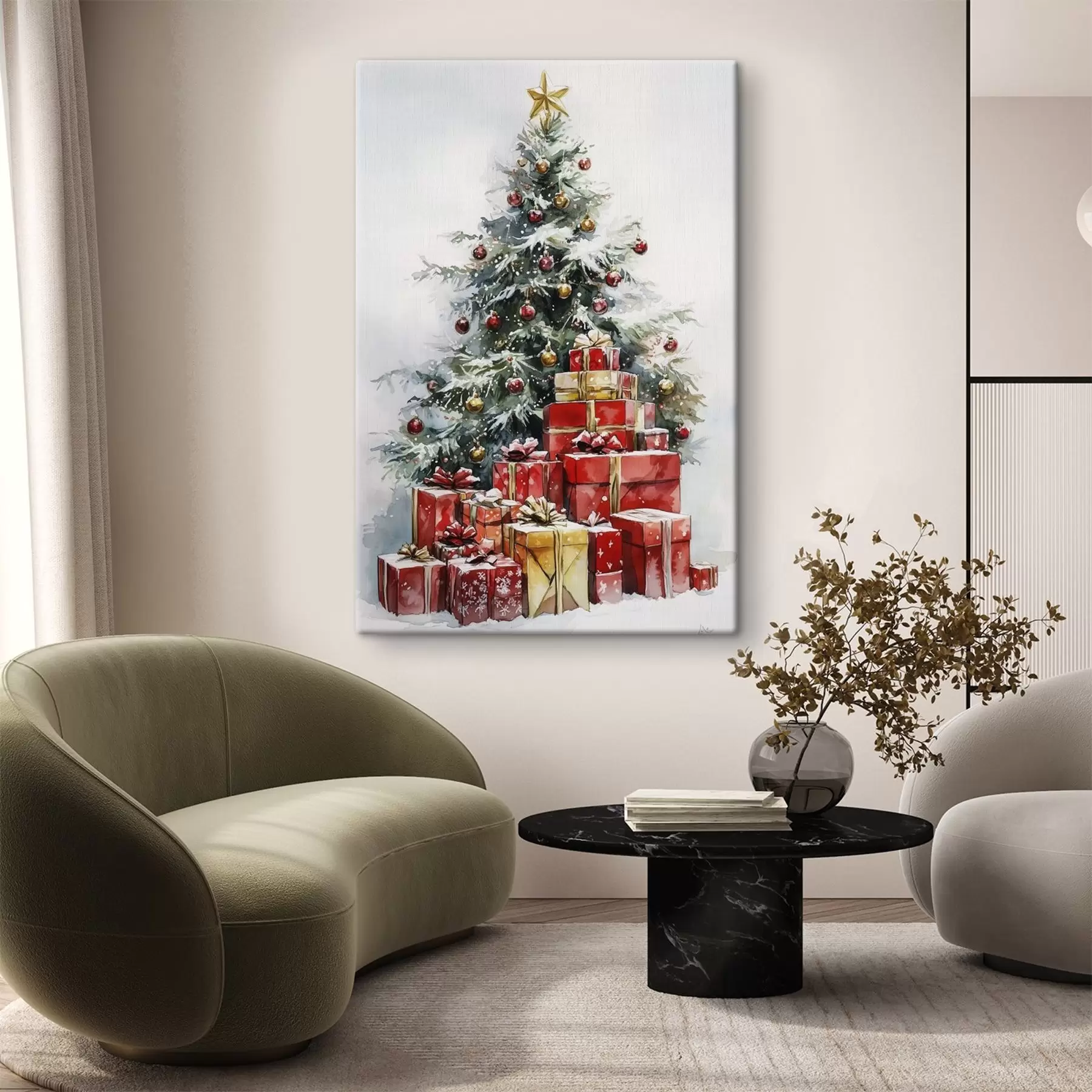 Papier peint Arbre de Noël festif avec cadeaux emballés, neige, style aquarelle s41953