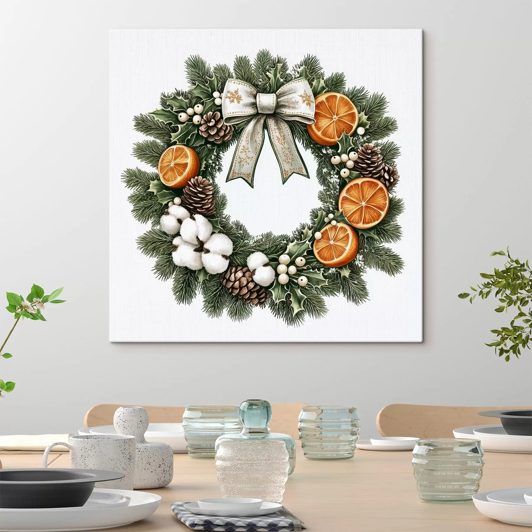 Papier peint Couronne de Noël avec coton, oranges, baies sauvages et cônes, style aquarelle s41954