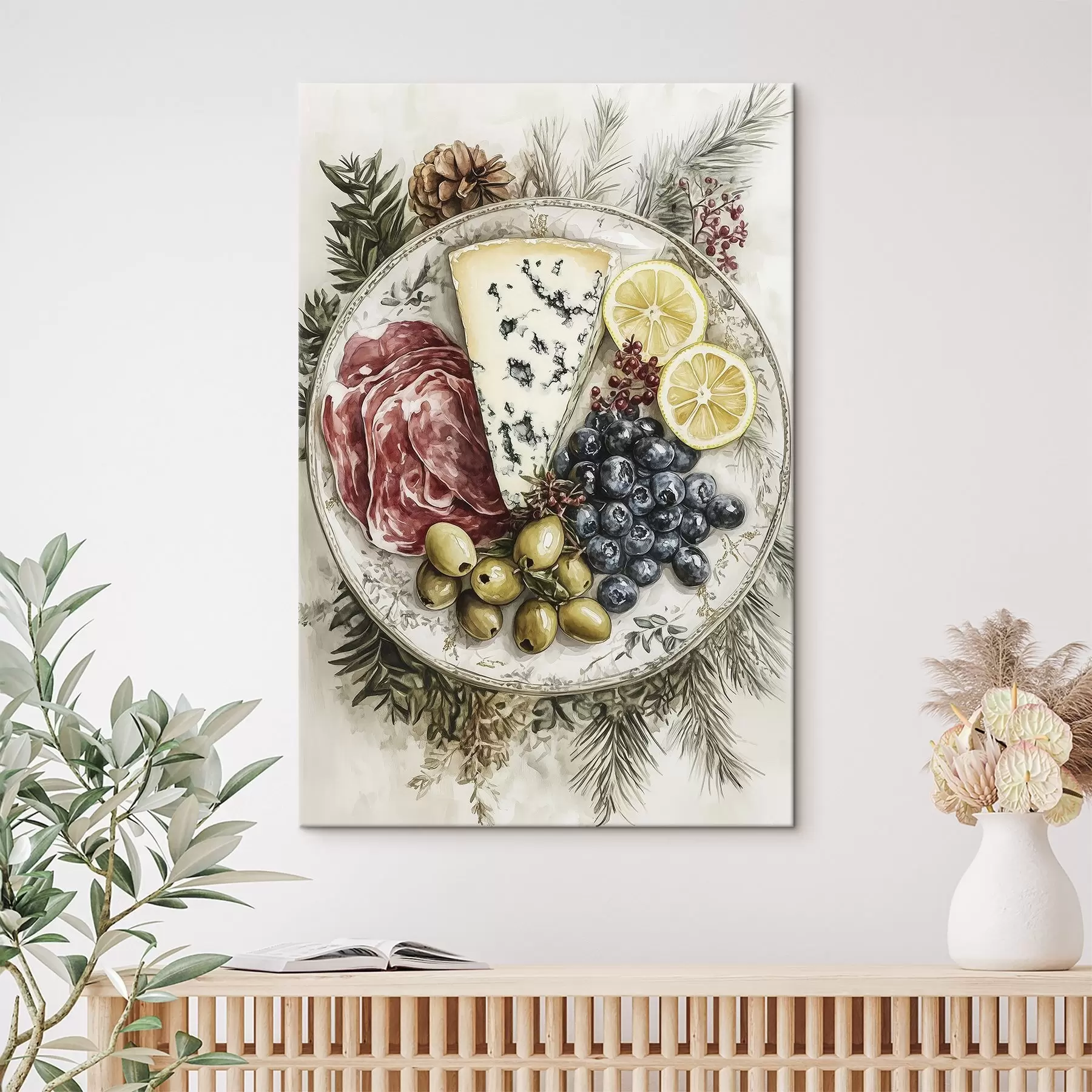 Papier peint Assiette festive avec du fromage bleu, des olives, du jambon, des citrons et des myrtilles, style aquarelle alimentaire s41960