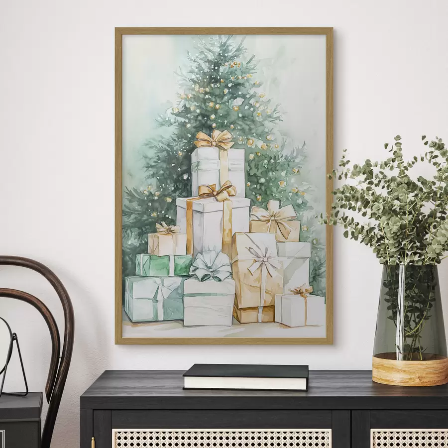 Papier peint Arbre de Noël avec des cadeaux emballés, style aquarelle, festif f41944