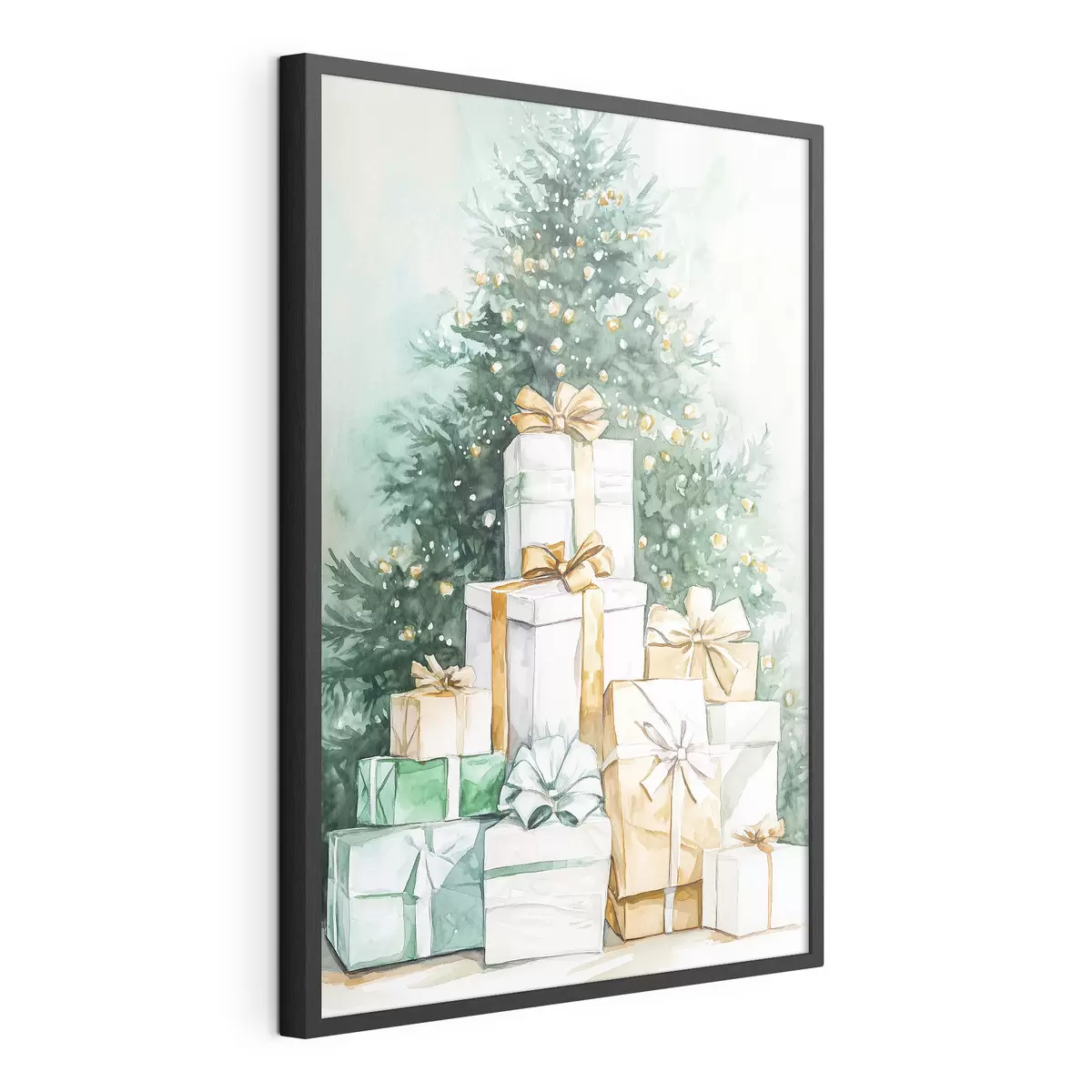 Poster Arbre de Noël avec des cadeaux emballés, style aquarelle, festif f41944
