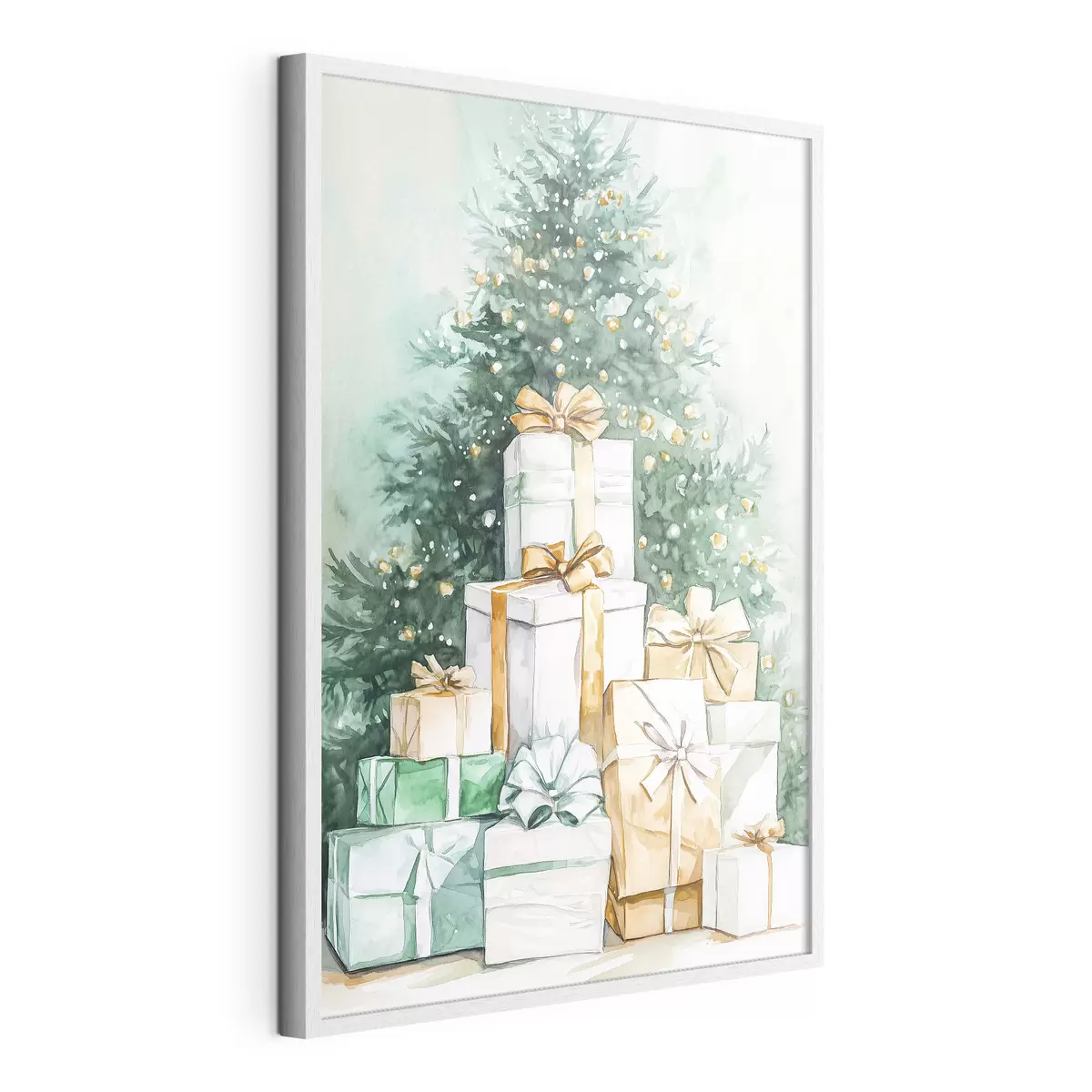 Poster Arbre de Noël avec des cadeaux emballés, style aquarelle, festif f41944