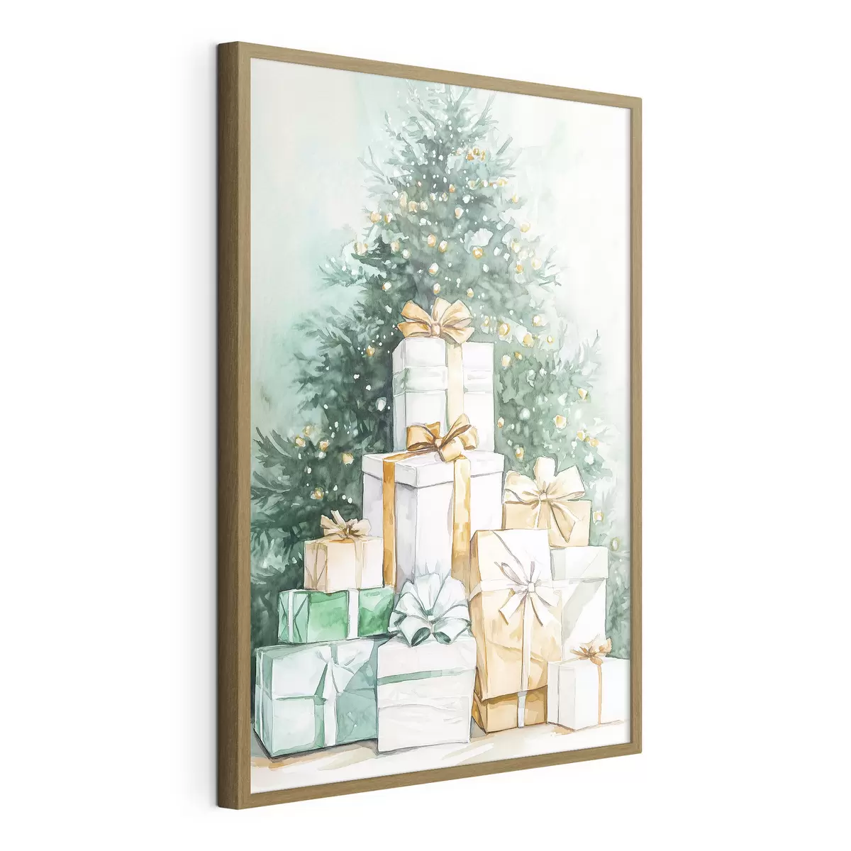 Poster Arbre de Noël avec des cadeaux emballés, style aquarelle, festif f41944