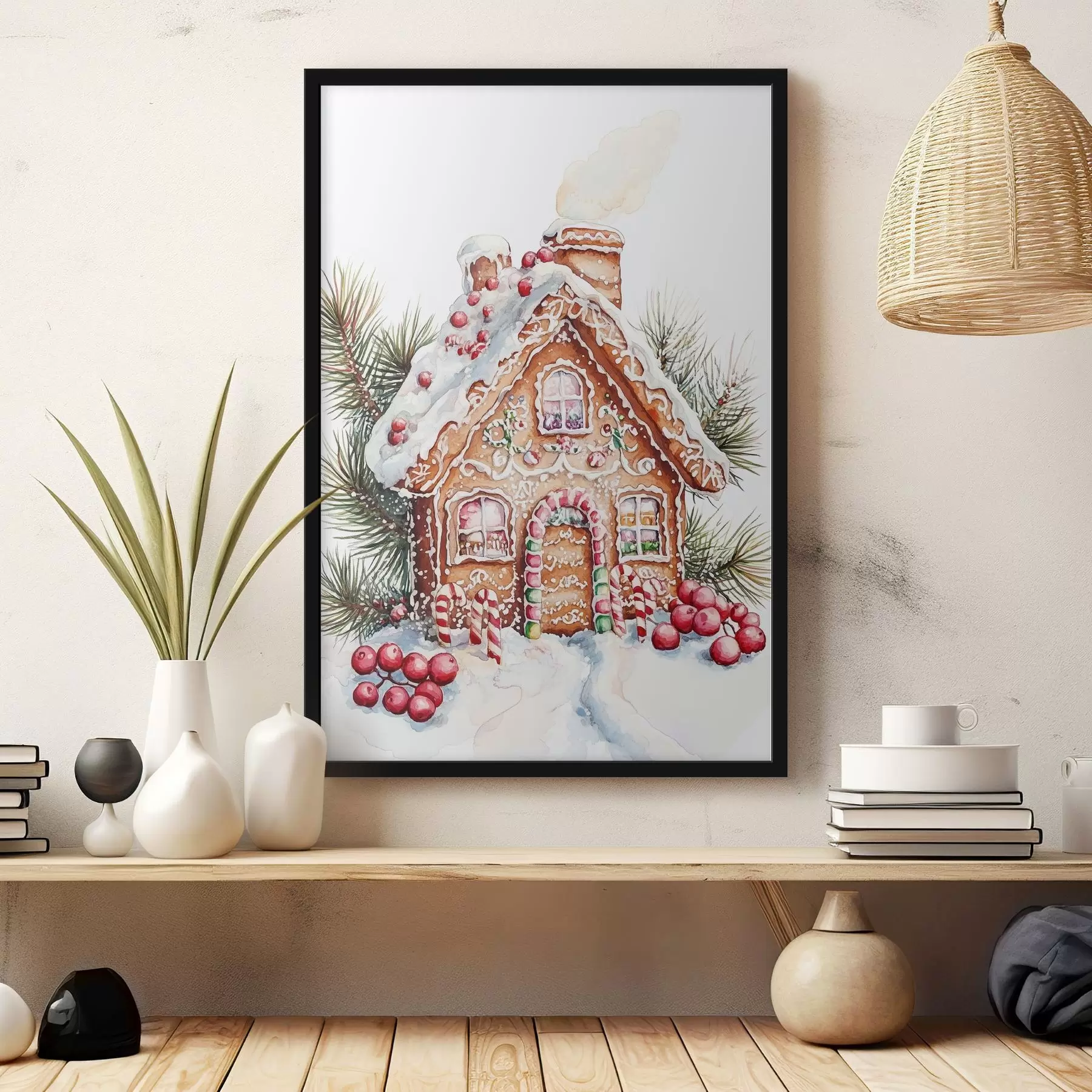 Papier peint Maison en pain d'épices, branches de pin, baies rouges, Noël f41946