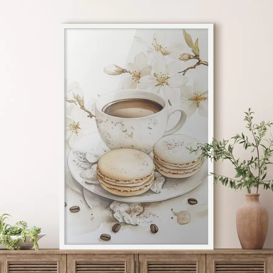 Papier peint Coupe de café avec macarons, style aquarelle, couleurs douces, fleurs de jasmin f41949