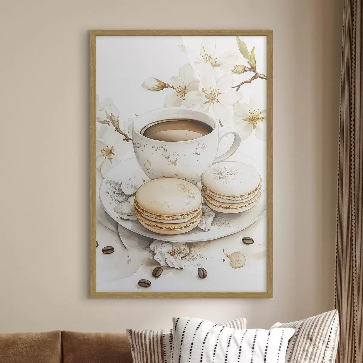 Poster Coupe de café avec macarons, style aquarelle, couleurs douces, fleurs de jasmin f41949