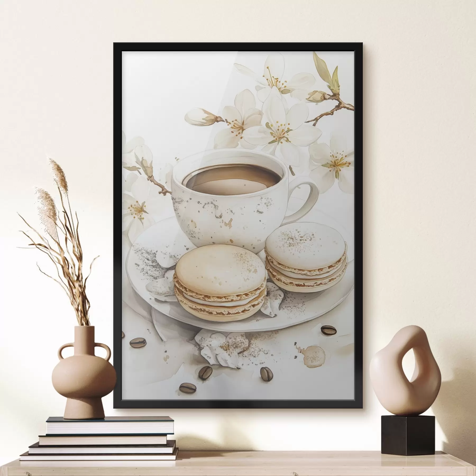 Papier peint Coupe de café avec macarons, style aquarelle, couleurs douces, fleurs de jasmin f41949