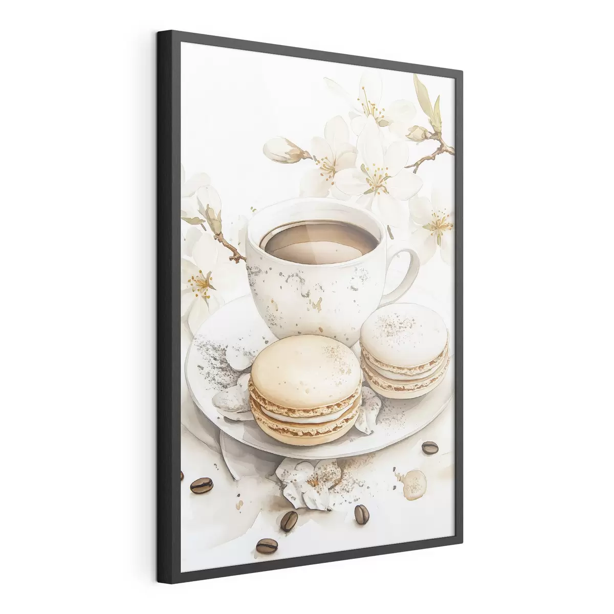 Poster Coupe de café avec macarons, style aquarelle, couleurs douces, fleurs de jasmin f41949