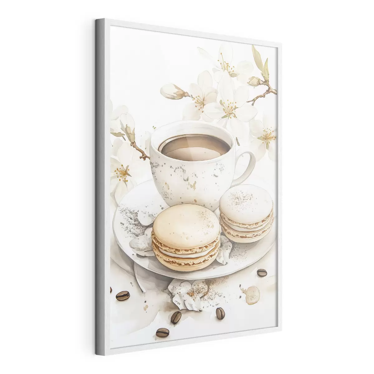 Poster Coupe de café avec macarons, style aquarelle, couleurs douces, fleurs de jasmin f41949