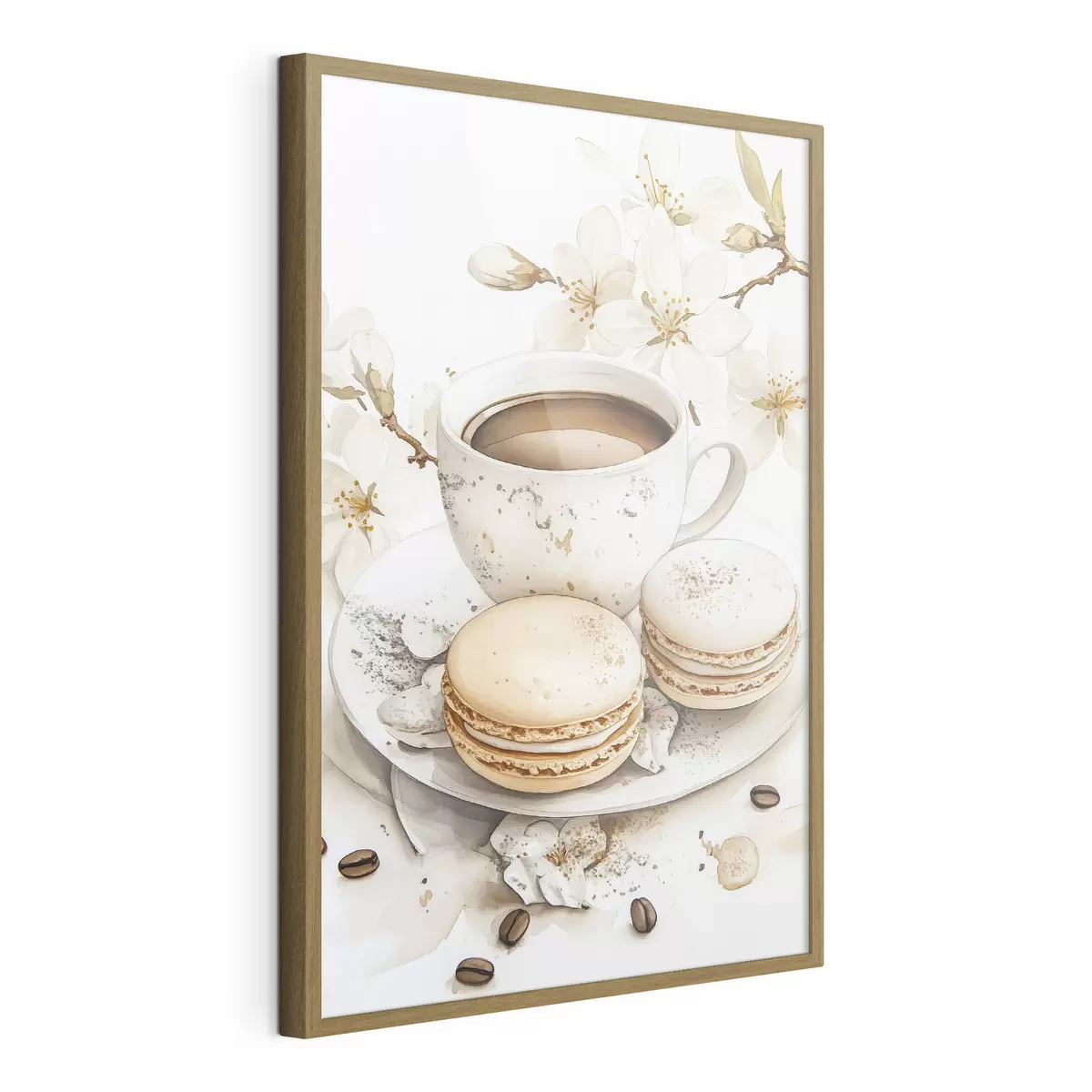 Poster Coupe de café avec macarons, style aquarelle, couleurs douces, fleurs de jasmin f41949