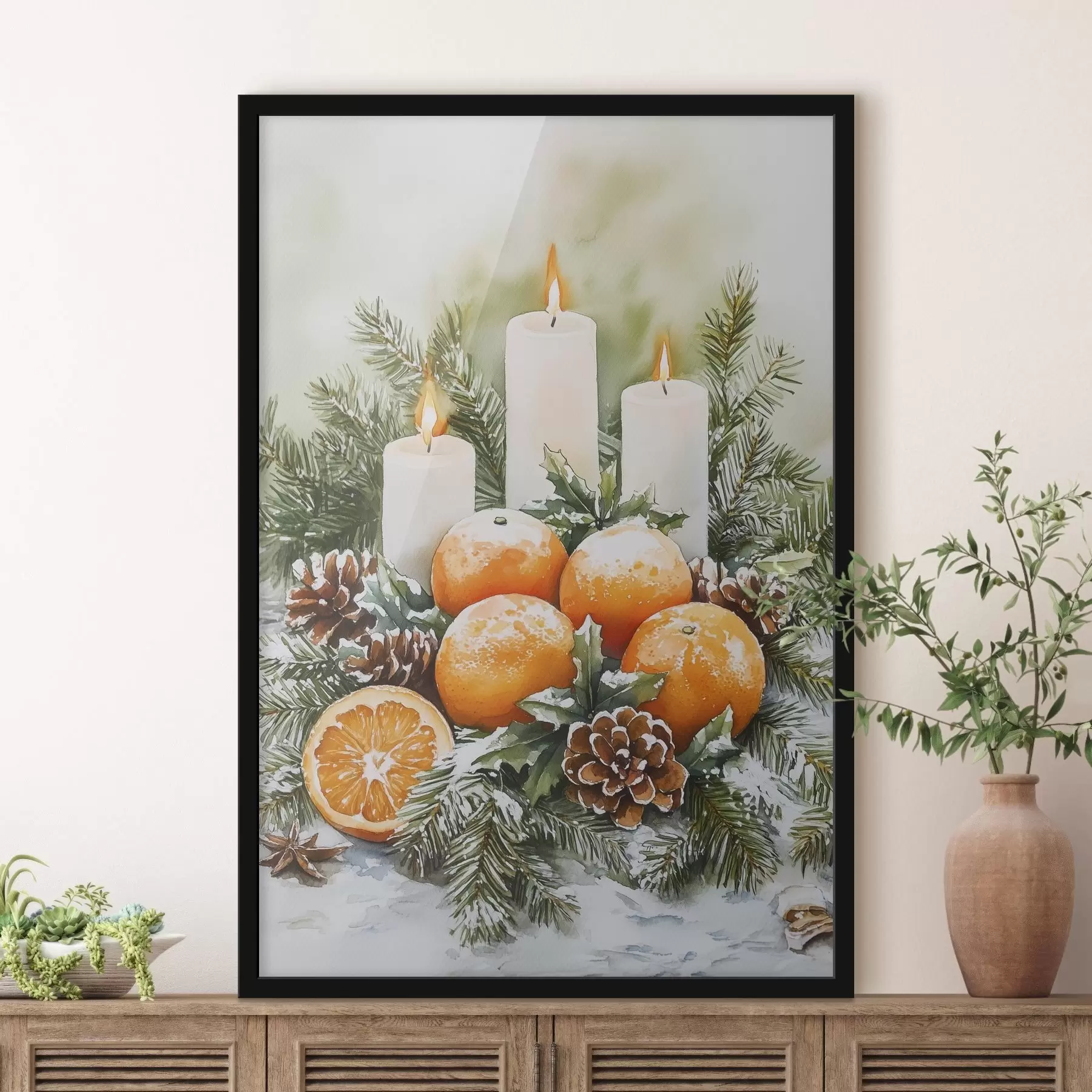 Papier peint Décor de Noël avec bougies, sapin, cônes et oranges, style aquarelle f41951