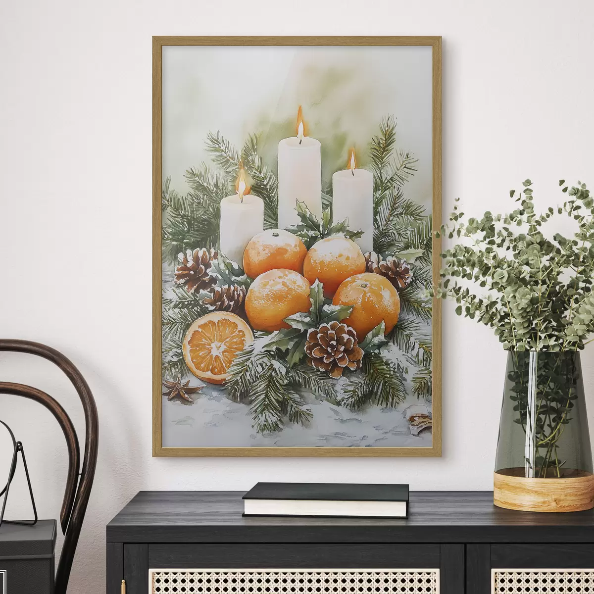 Poster Décor de Noël avec bougies, sapin, cônes et oranges, style aquarelle f41951