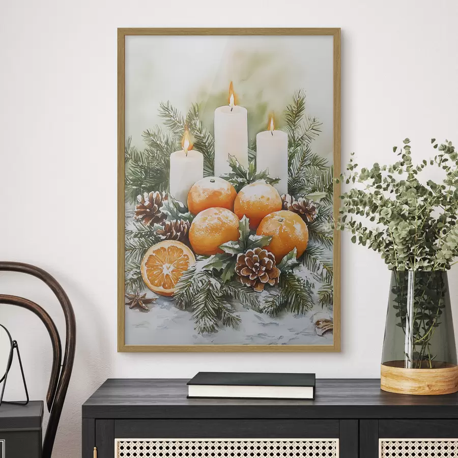 Papier peint Décor de Noël avec bougies, sapin, cônes et oranges, style aquarelle f41951