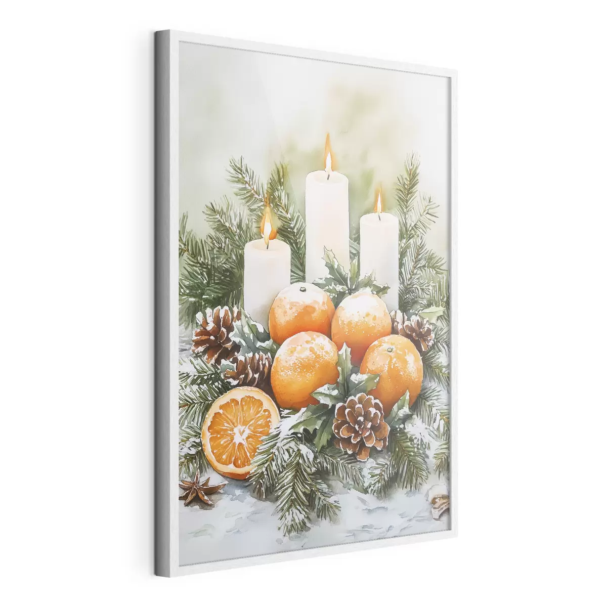 Poster Décor de Noël avec bougies, sapin, cônes et oranges, style aquarelle f41951