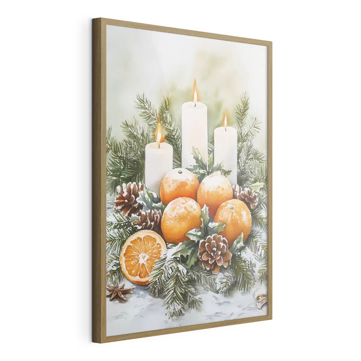 Poster Décor de Noël avec bougies, sapin, cônes et oranges, style aquarelle f41951