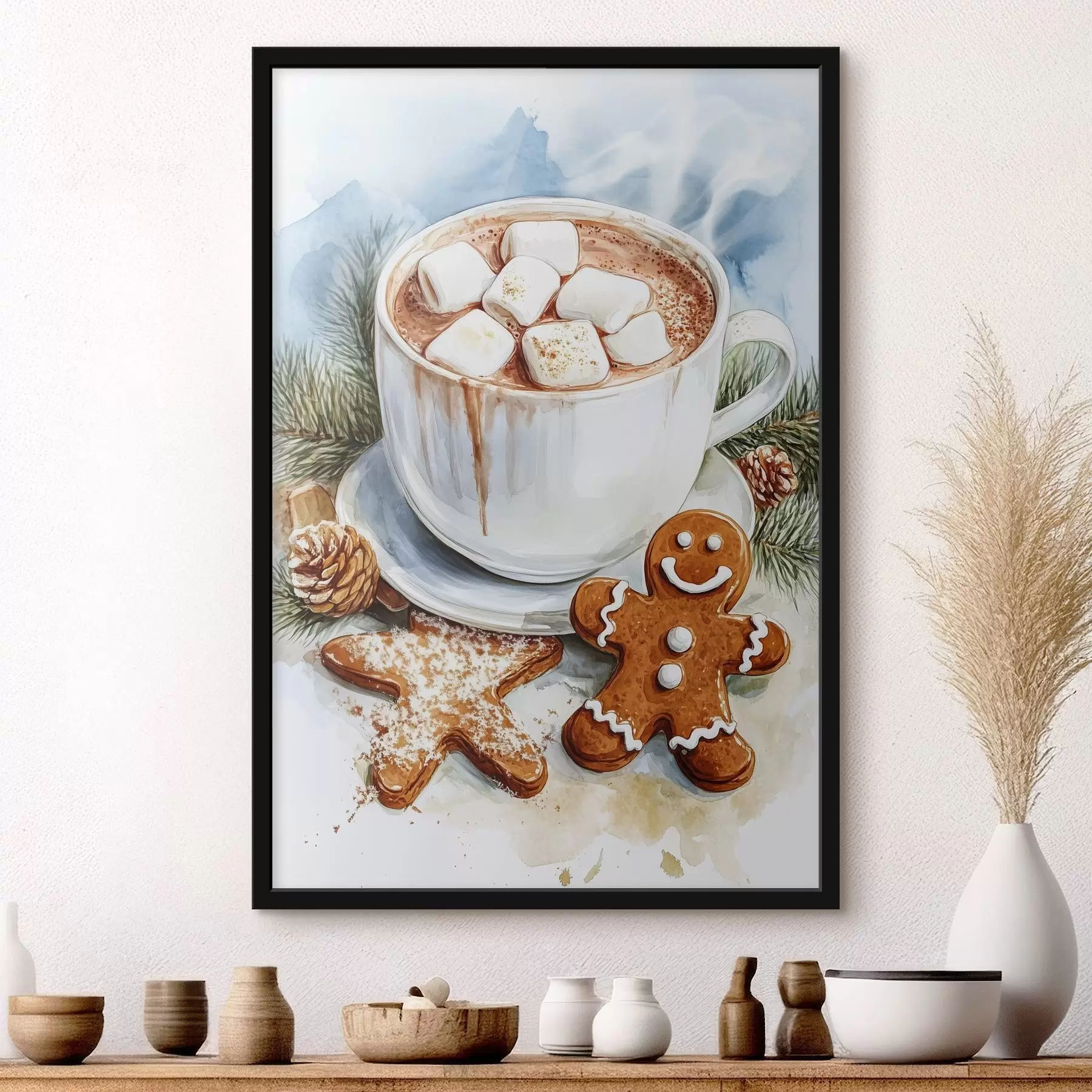 Papier peint Tasse de cacao avec des guimauves, des bonshommes de pain d'épices, des biscuits, des sapins avec des cônes f41952