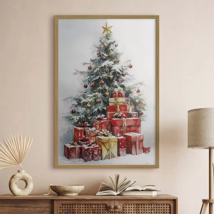 Papier peint Arbre de Noël festif avec cadeaux emballés, neige, style aquarelle f41953