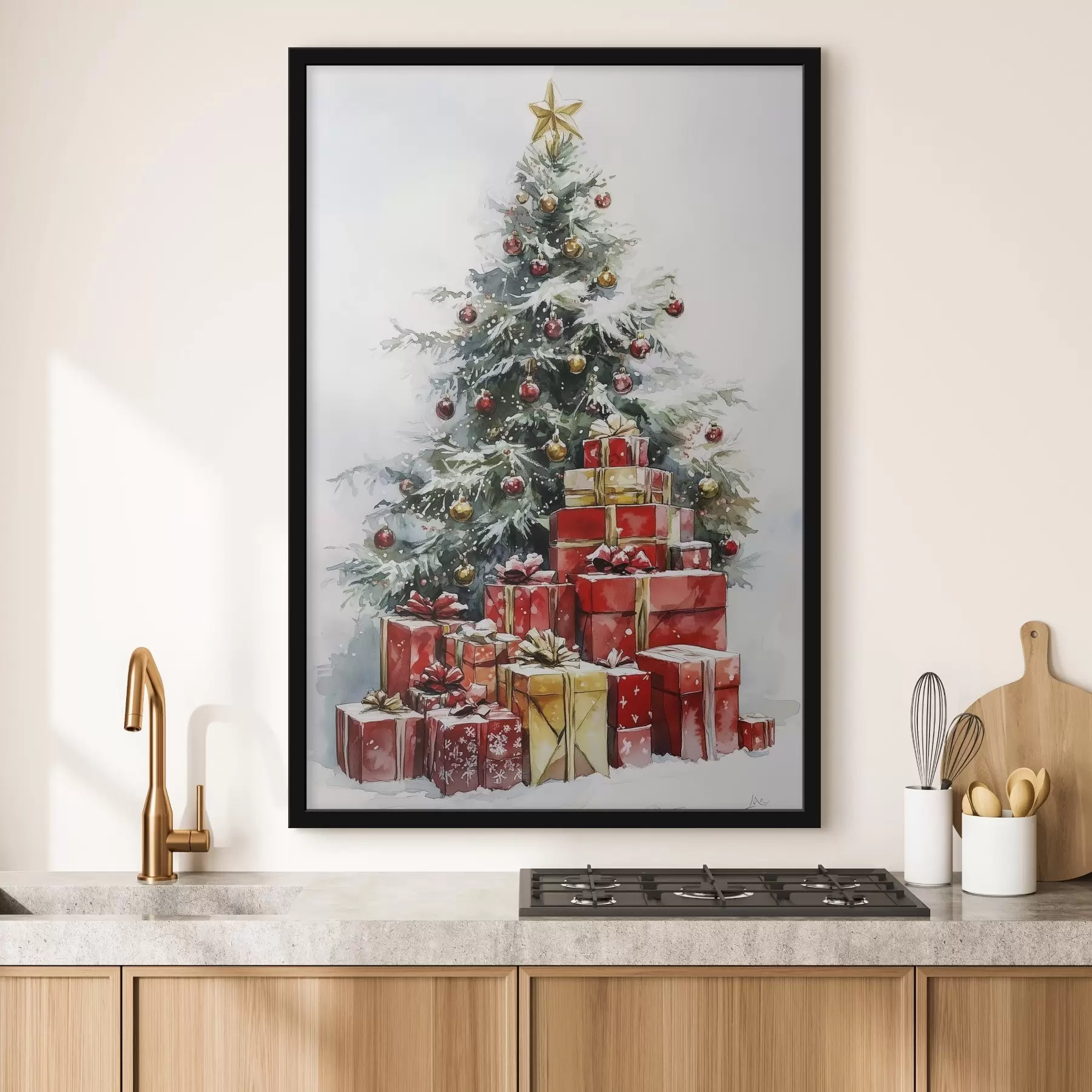 Tableau Arbre de Noël festif avec cadeaux emballés, neige, style aquarelle f41953