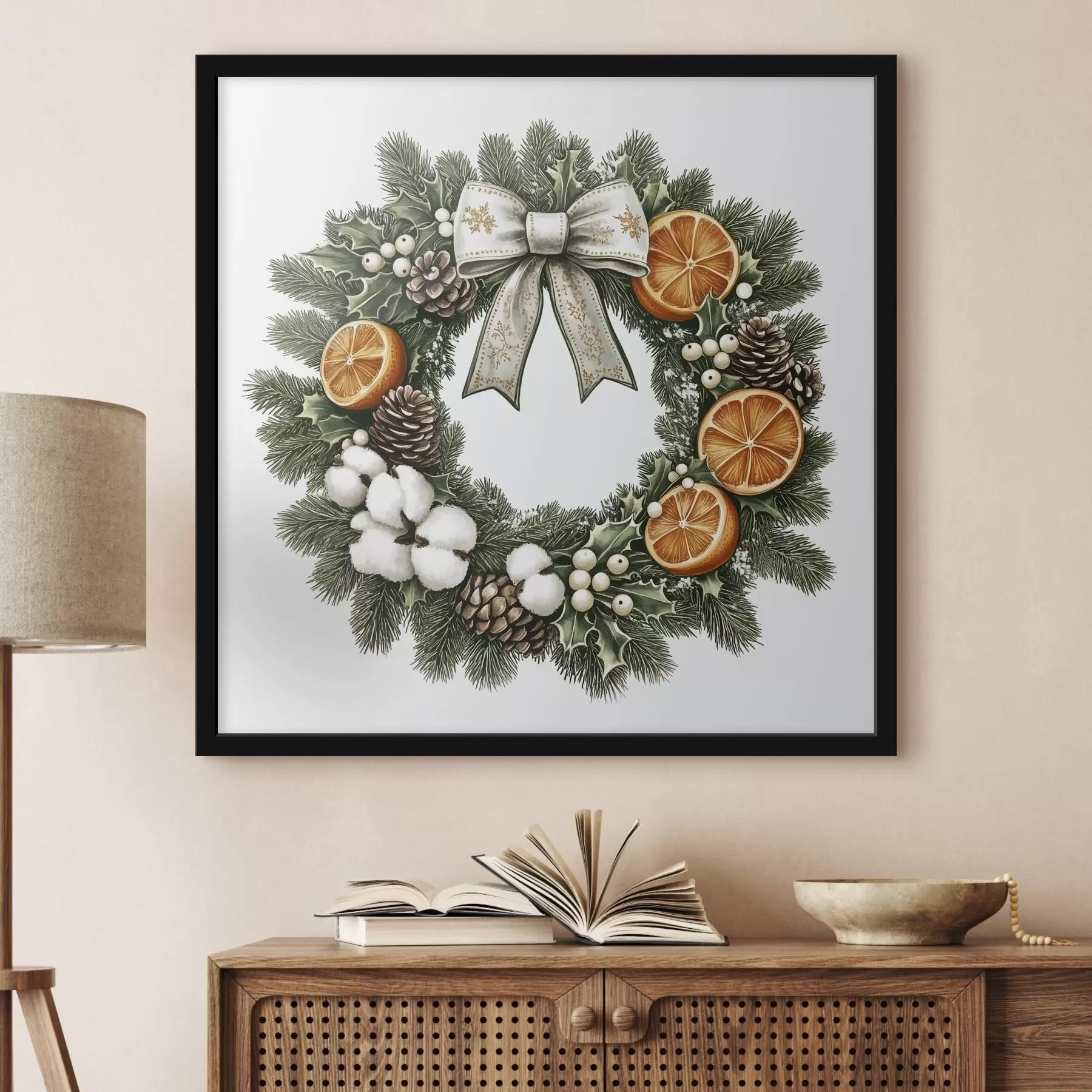 Tableau Couronne de Noël avec coton, oranges, baies sauvages et cônes, style aquarelle f41954