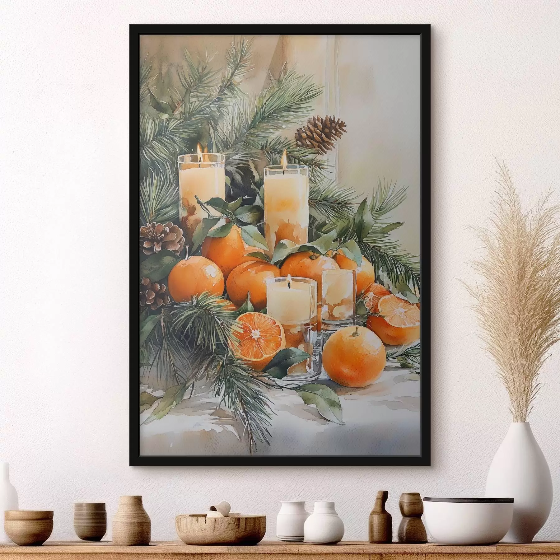 Papier peint Branches de pin avec cônes, oranges et bougies, festif, style aquarelle f41956