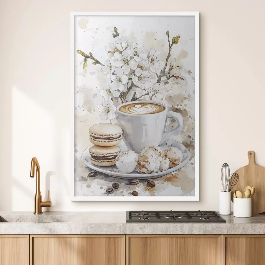 Papier peint Belle tasse de café, fleurs de jasmin, macarons, couleurs douces de l'aquarelle f41964