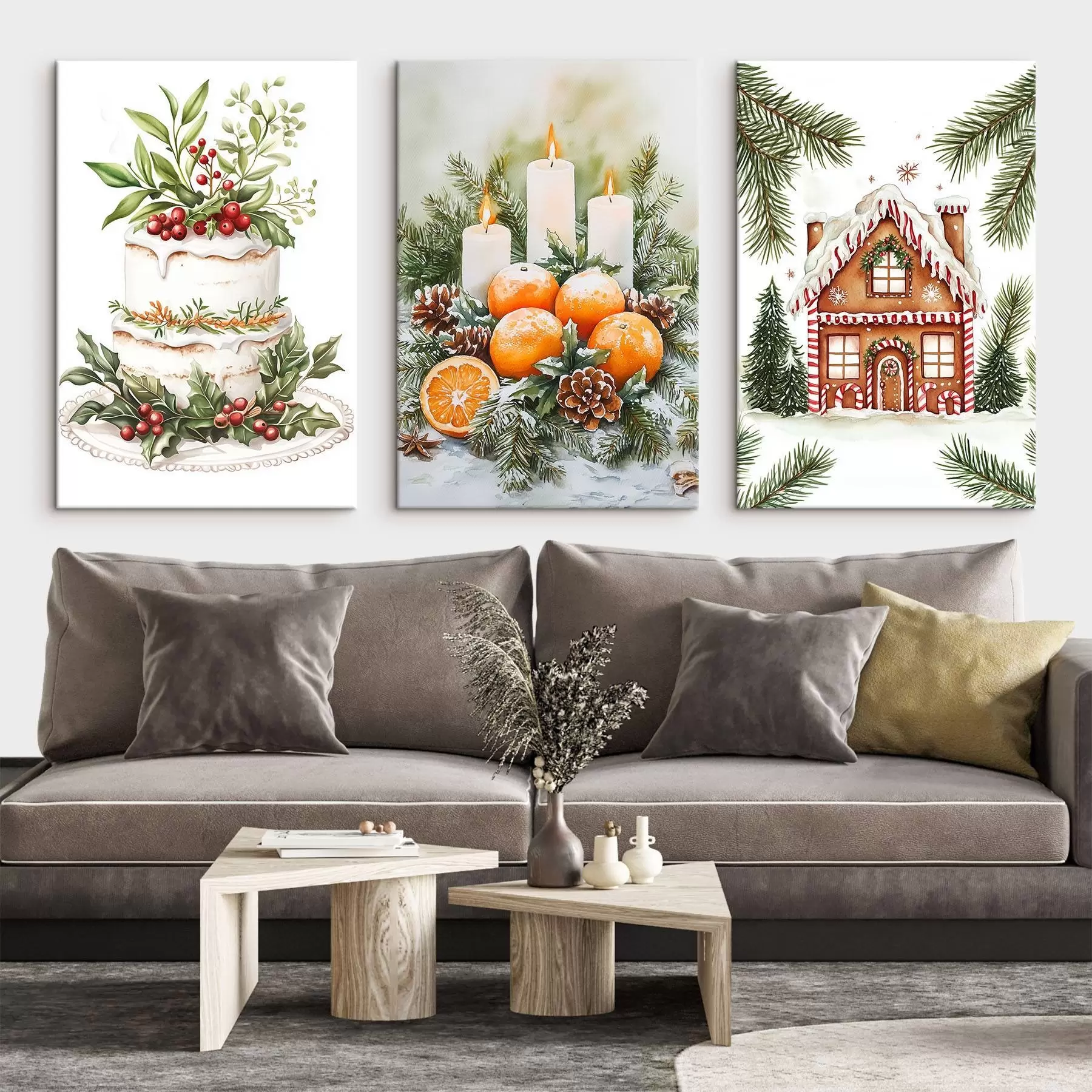 Tableau Décorations de Noël, gâteau fastifié, maison en pain d'épices, oranges et bougies, style aquarelle m00385