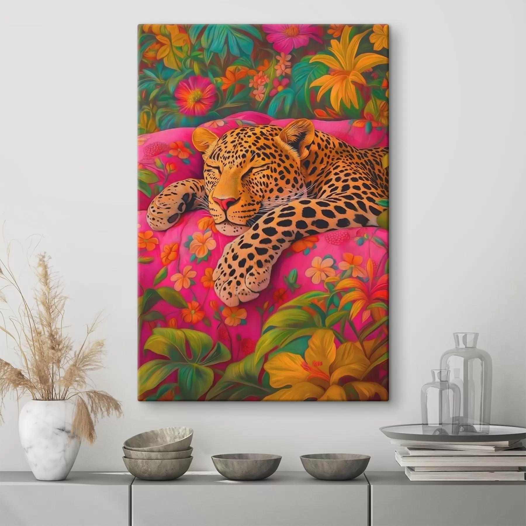 Papier peint Léopard endormi parmi les fleurs s41929