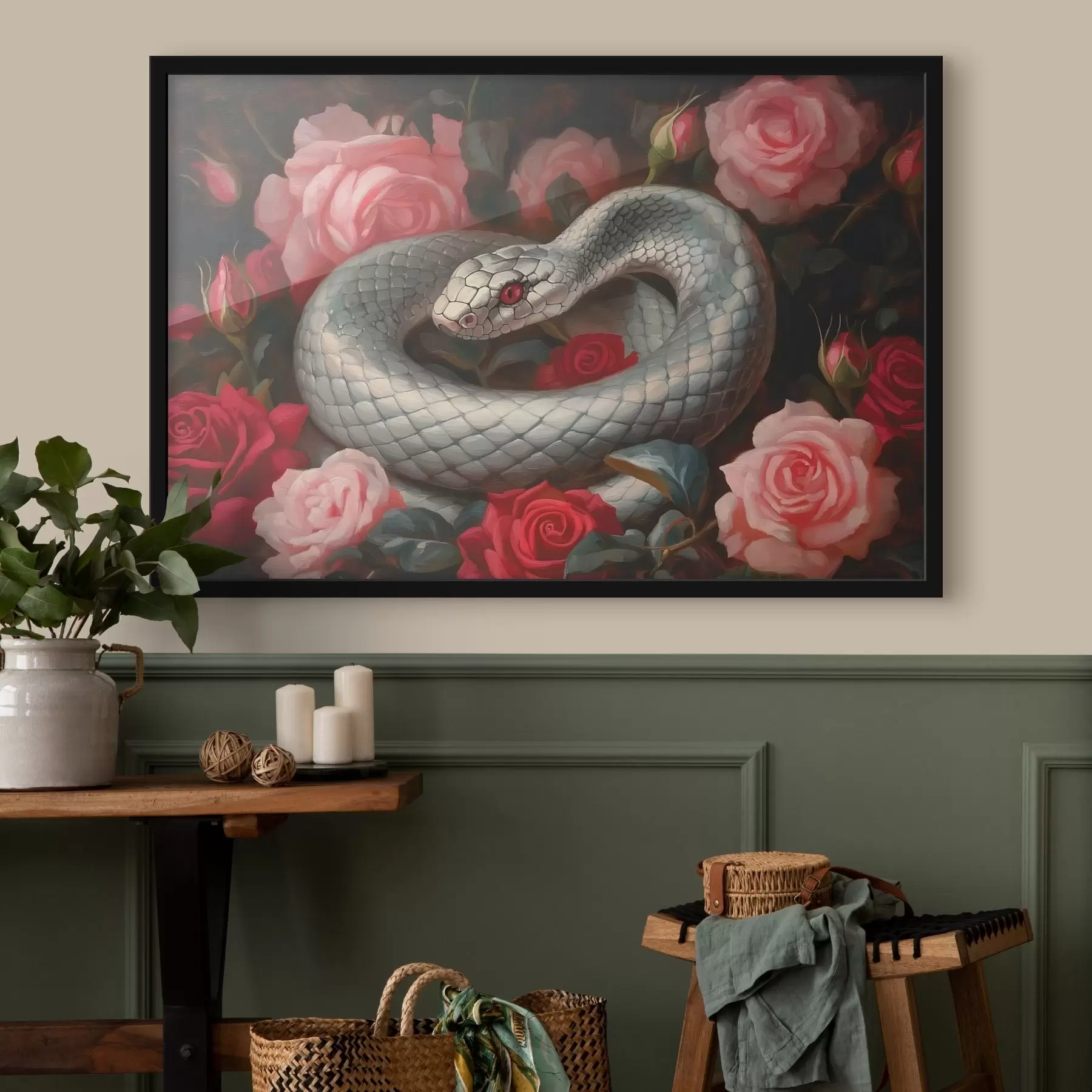Papier peint Serpent blanc parmi les roses f41920