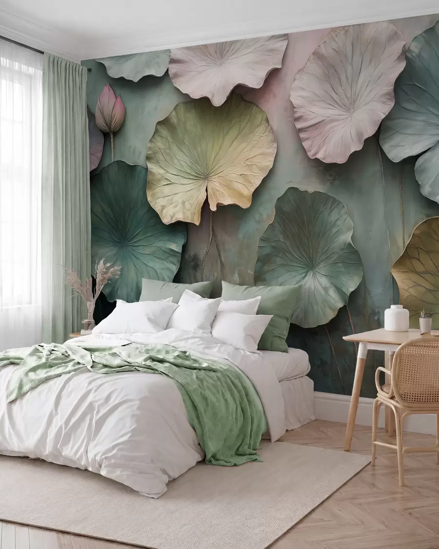 Papier peint feuilles de lotus en style pastel avec effet de volume w02441