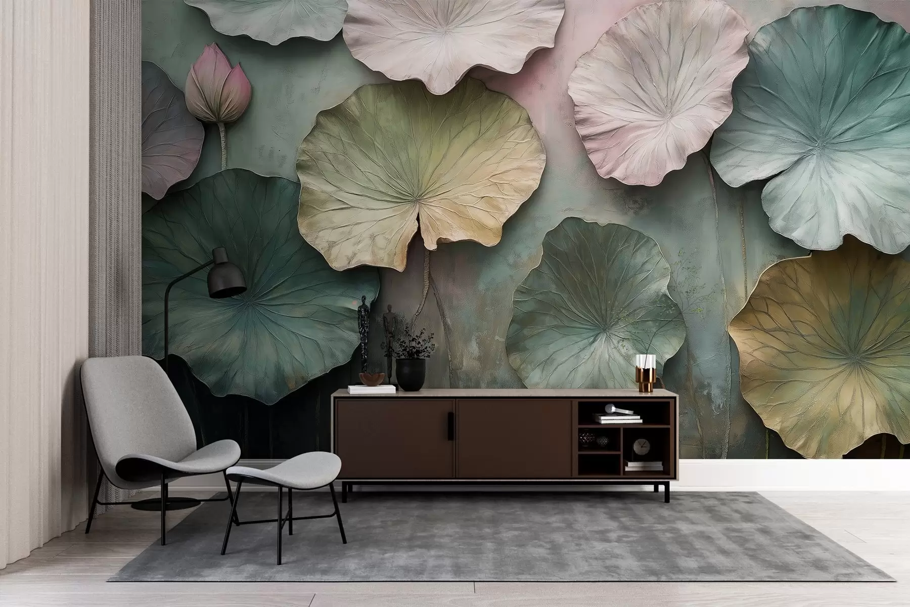 Papier peint feuilles de lotus en style pastel avec effet de volume w02441
