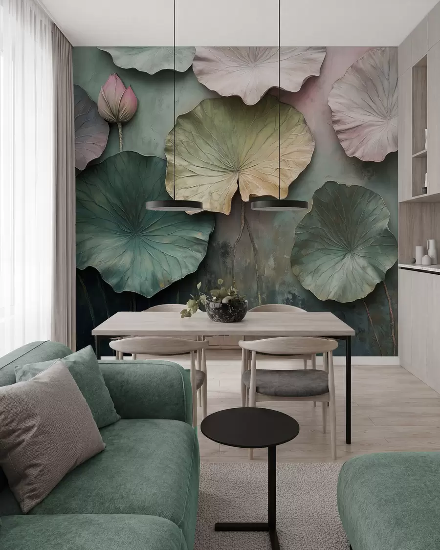 Papier peint feuilles de lotus en style pastel avec effet de volume w02441