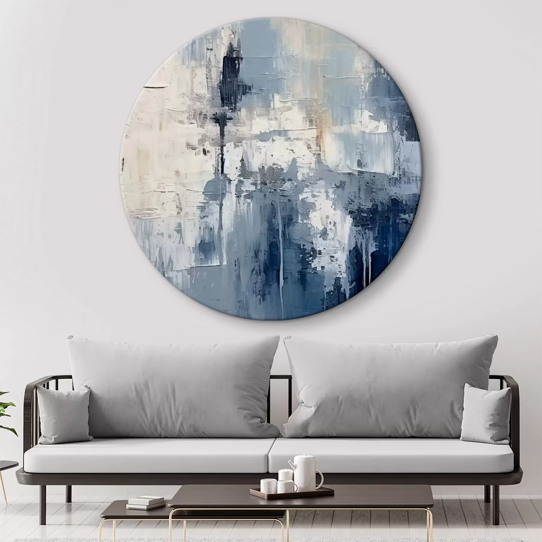 Tableau Peinture à l'huile abstraite minimaliste, frottée, géométrique, tache, couleur bleu et blanc r38906