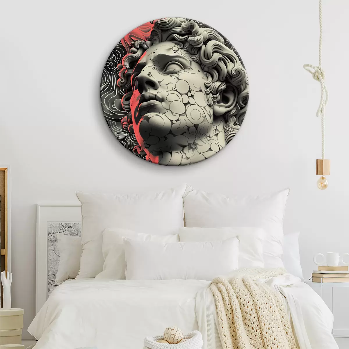 Tableaux rondes Illustration linéaire en noir et blanc de la tête du dieu grec Apollon dans un style pop art r39763