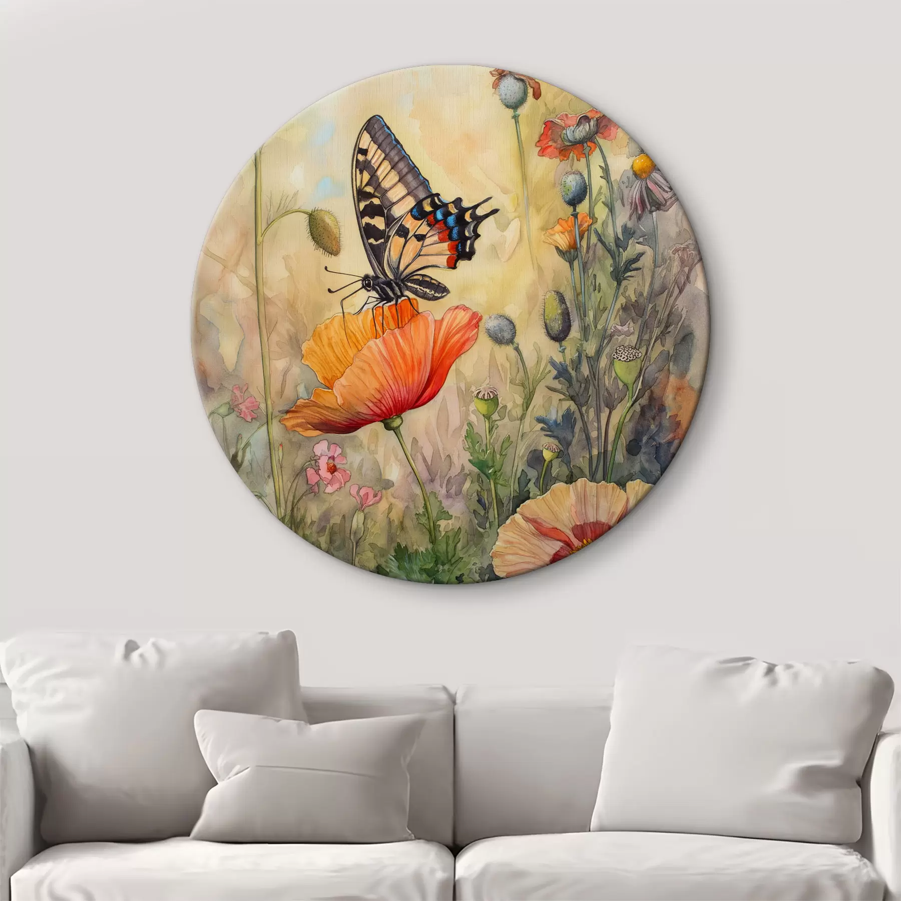 Papier peint Champ de coquelicots et papillon r38520