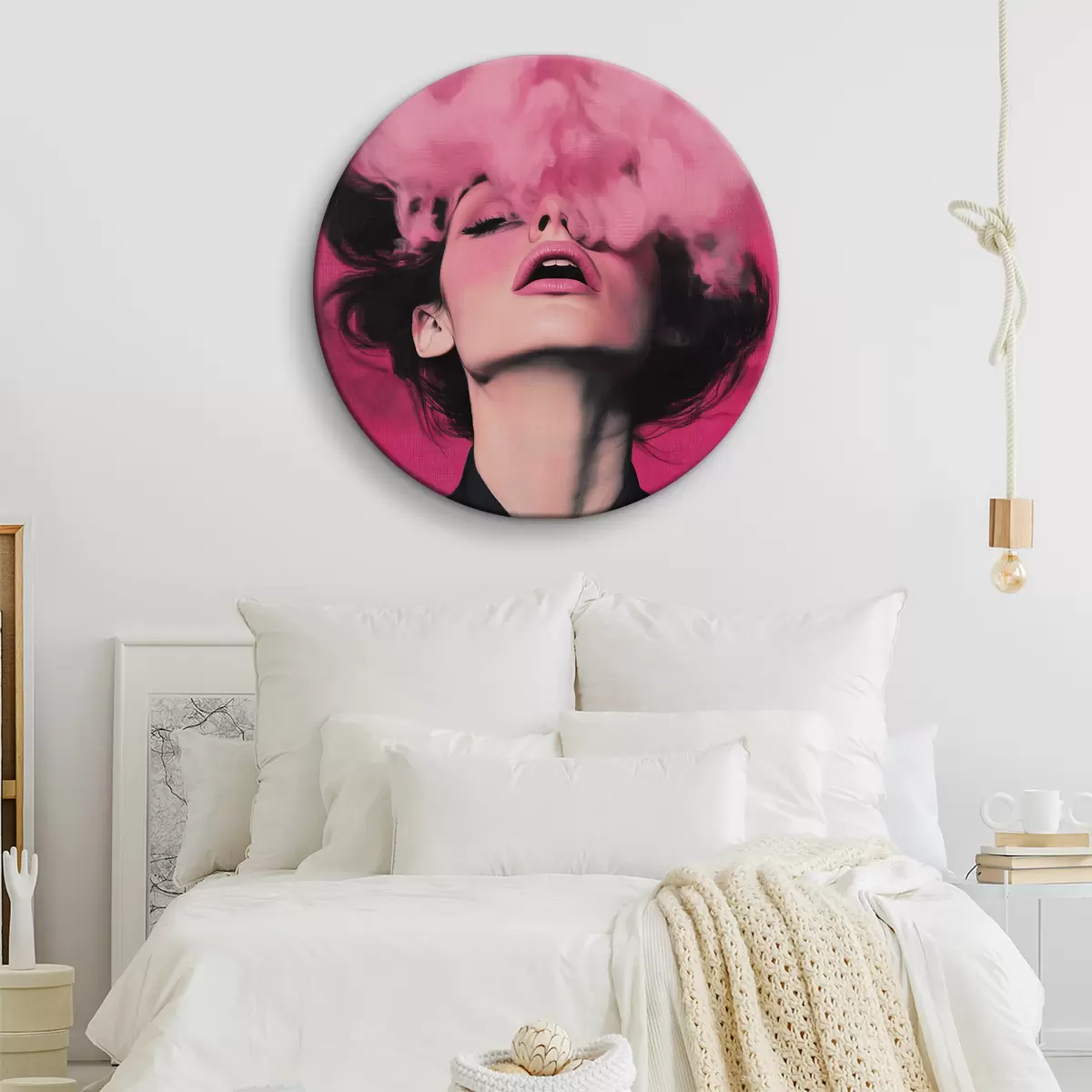 Tableaux rondes Fille et fumée rose r39909