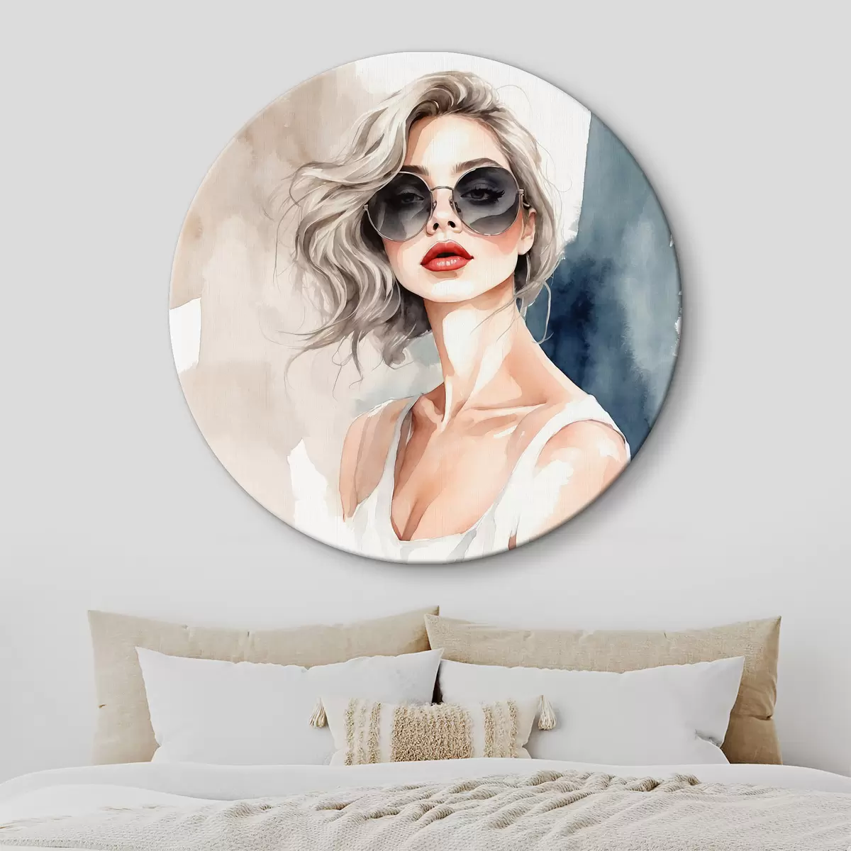 Tableaux rondes Fille avec des lunettes sur fond aquarelle r39158