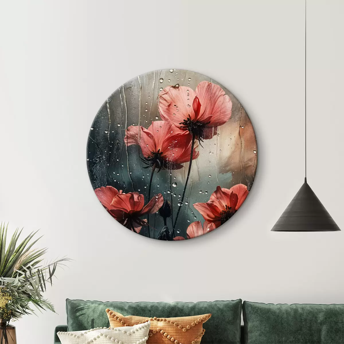 Tableaux rondes Fleurs rouges avec des gouttes d'eau sur un fond flou r40412