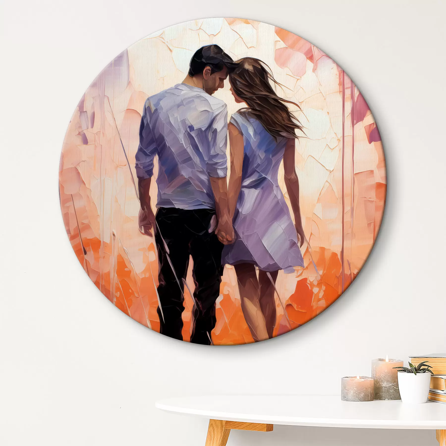 Tableau Silhouette d'un couple amoureux peinture abstraite, fille et gars, couleur rose, orange, violet, noir r39124