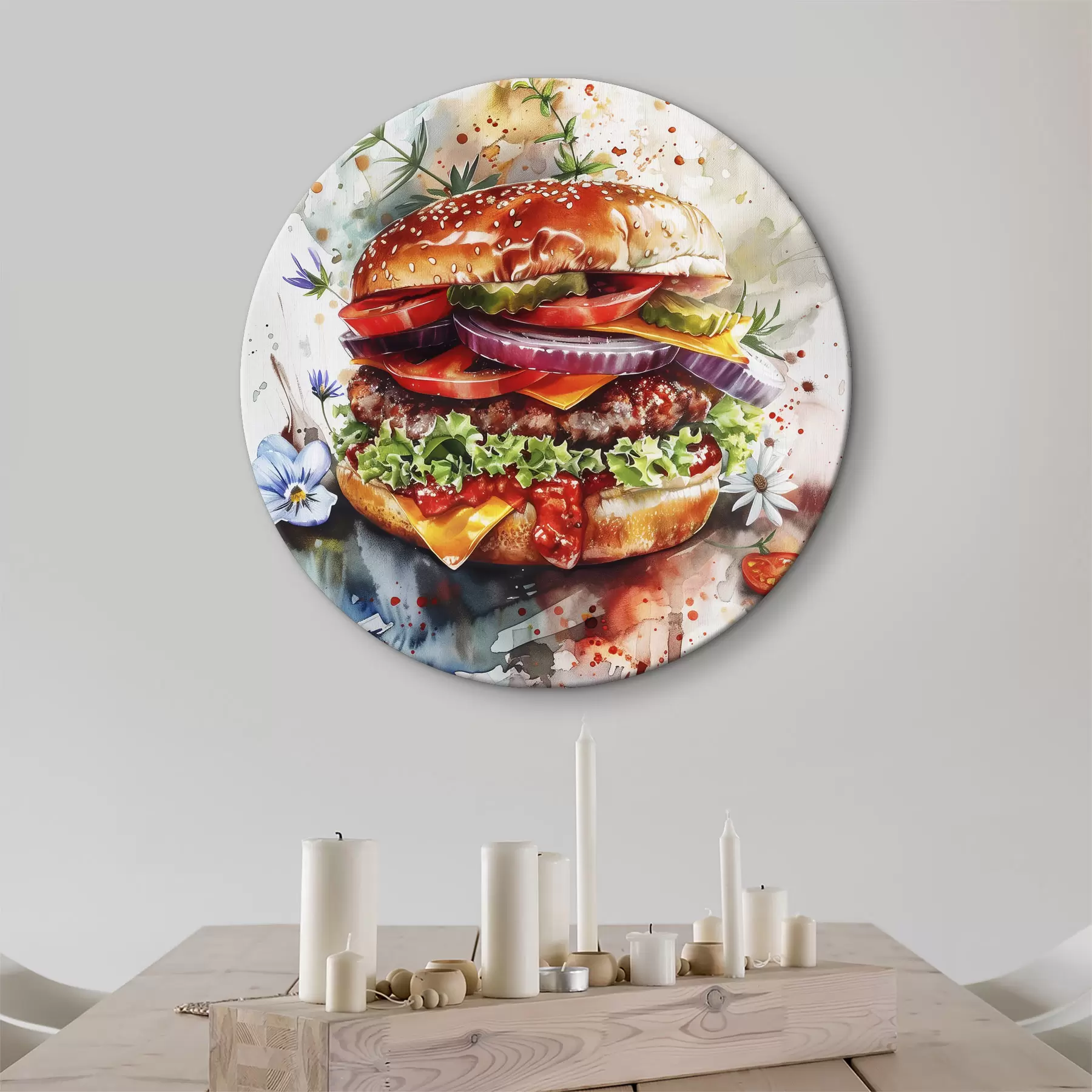 Tableau Délicieux burger à la viande, floral, aquarelle, art culinaire r39699