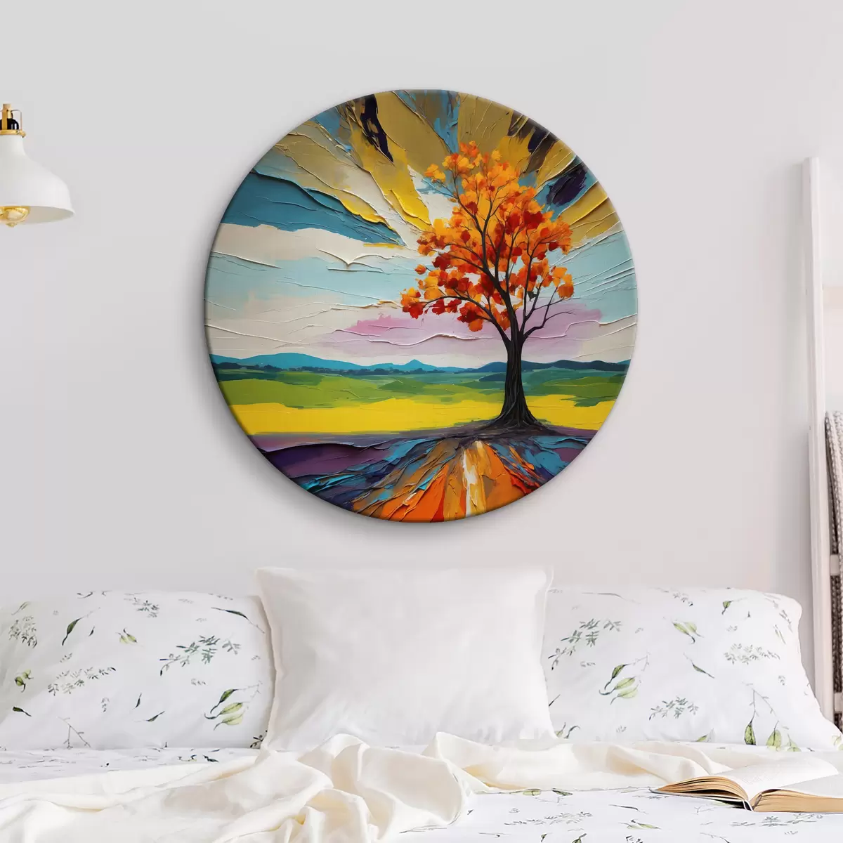 Tableaux rondes Arbre sur le fond d'un champ et peinture à l'huile abstraite de ciel r39851