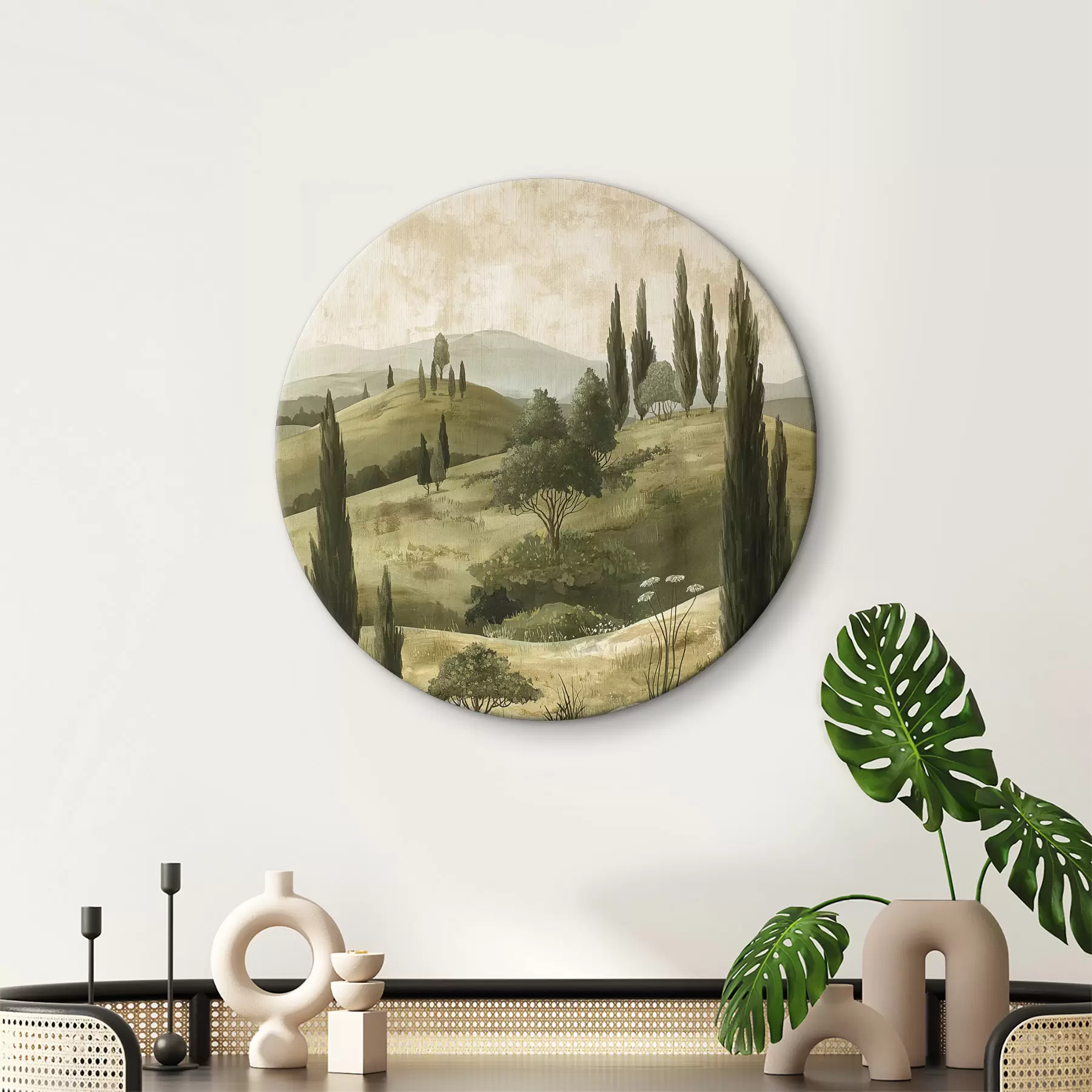 Papier peint Paysage vintage, style rustique, couleurs pastel, prairie avec fleurs et arbres r40081