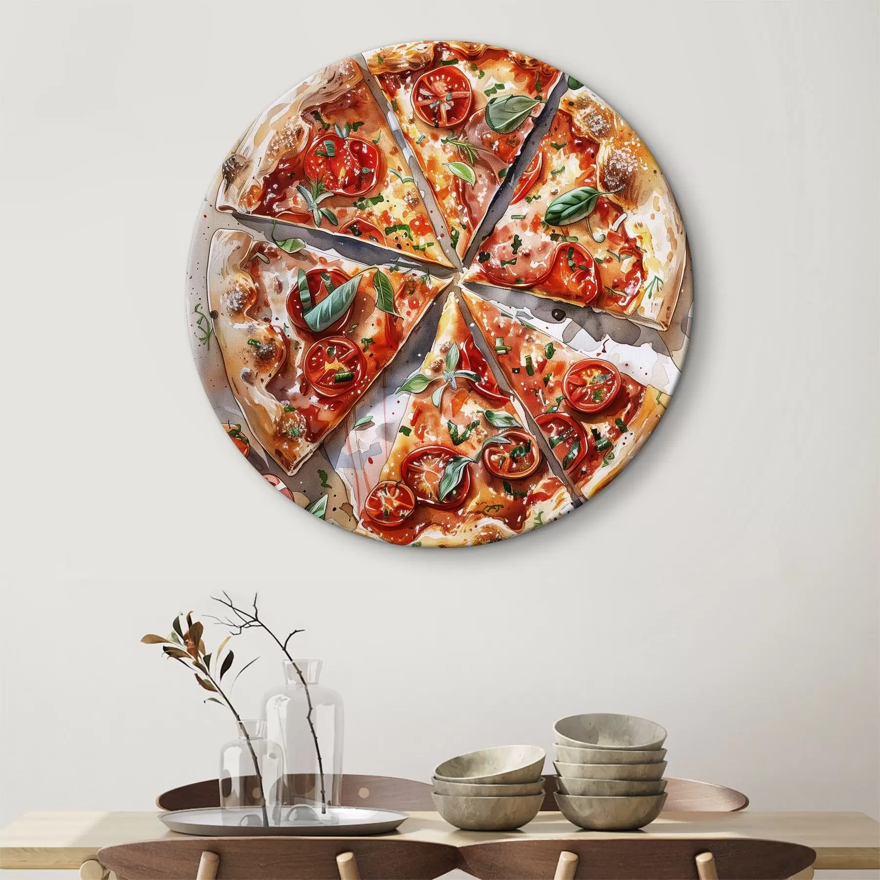 Tableau Pizza aquarelle, délicieuse, tomates et fromage, art culinaire, table en bois r39704