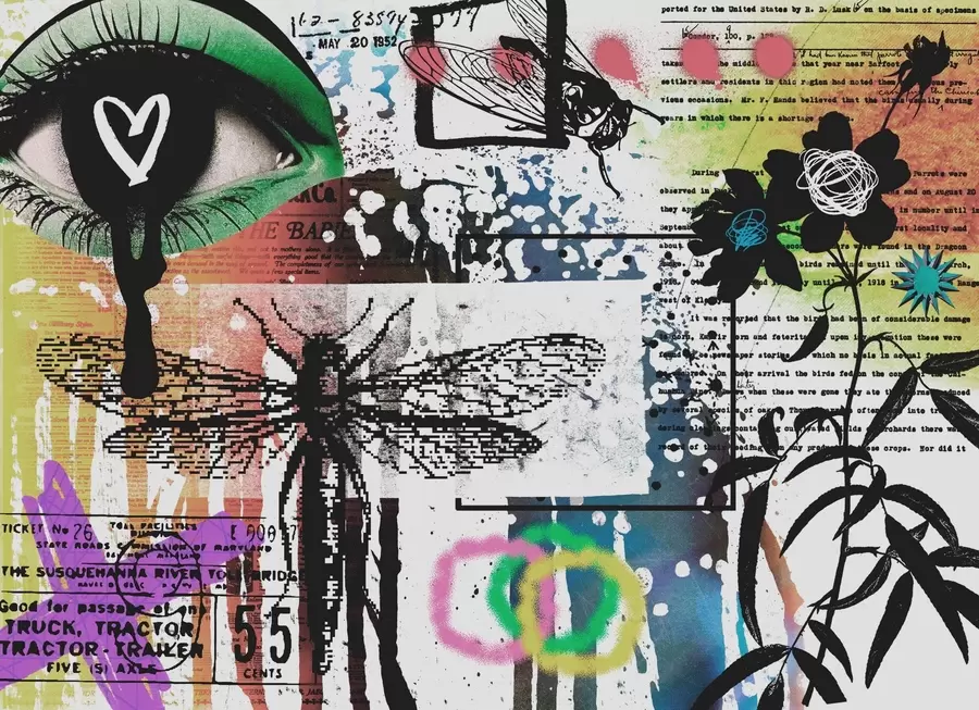 Papier peint Inscriptions de style graffiti, fleurs, figures w02255