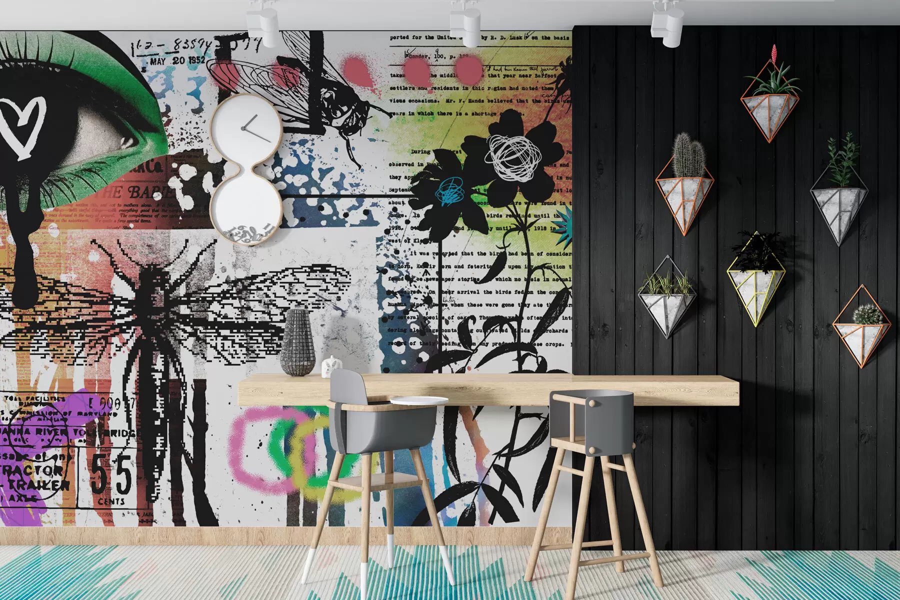 Papier peint Inscriptions de style graffiti, fleurs, figures w02255